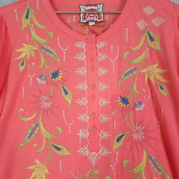 Johnny Was Coral Embroidered Flutter Sleeve Henley Dress - Picture 3 of 7